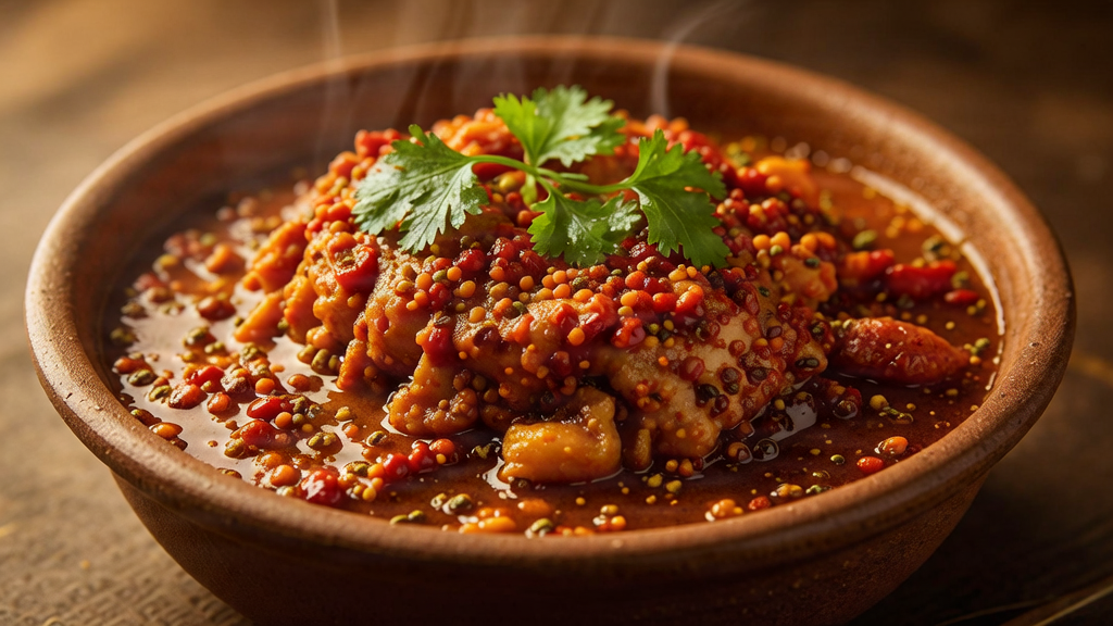 HOME A rich, vibrant Indian curry with layered gravies and fresh herbs.