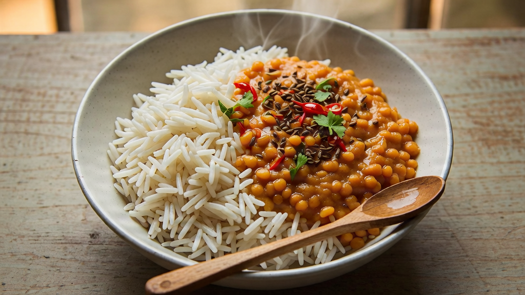 HOME A bowl of nutritious Indian rice and lentils (Dal Chawal).